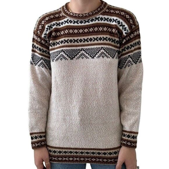 Peruvian Unisex 100% Alpaca Geometric Fair Isle Crew Neck Soft Hippie Sweater M - Picture 4 of 6